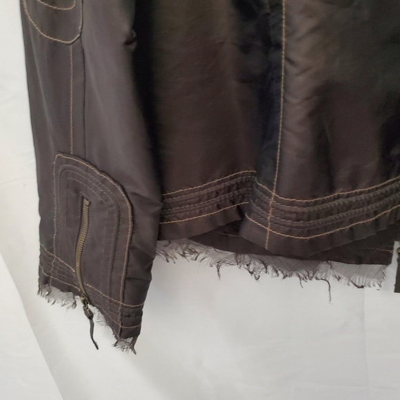 Brown Tulle Trim Moto Jacket Size XL Raw Edge Lined Retro Zipper Pockets Biker - Picture 7 of 15